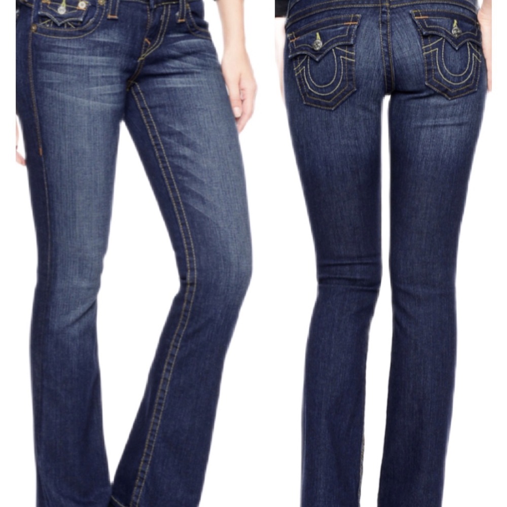 True Religion Becky Boot Cut Jeans Womens 28x32 Dark Blue Wash Flap Pockets